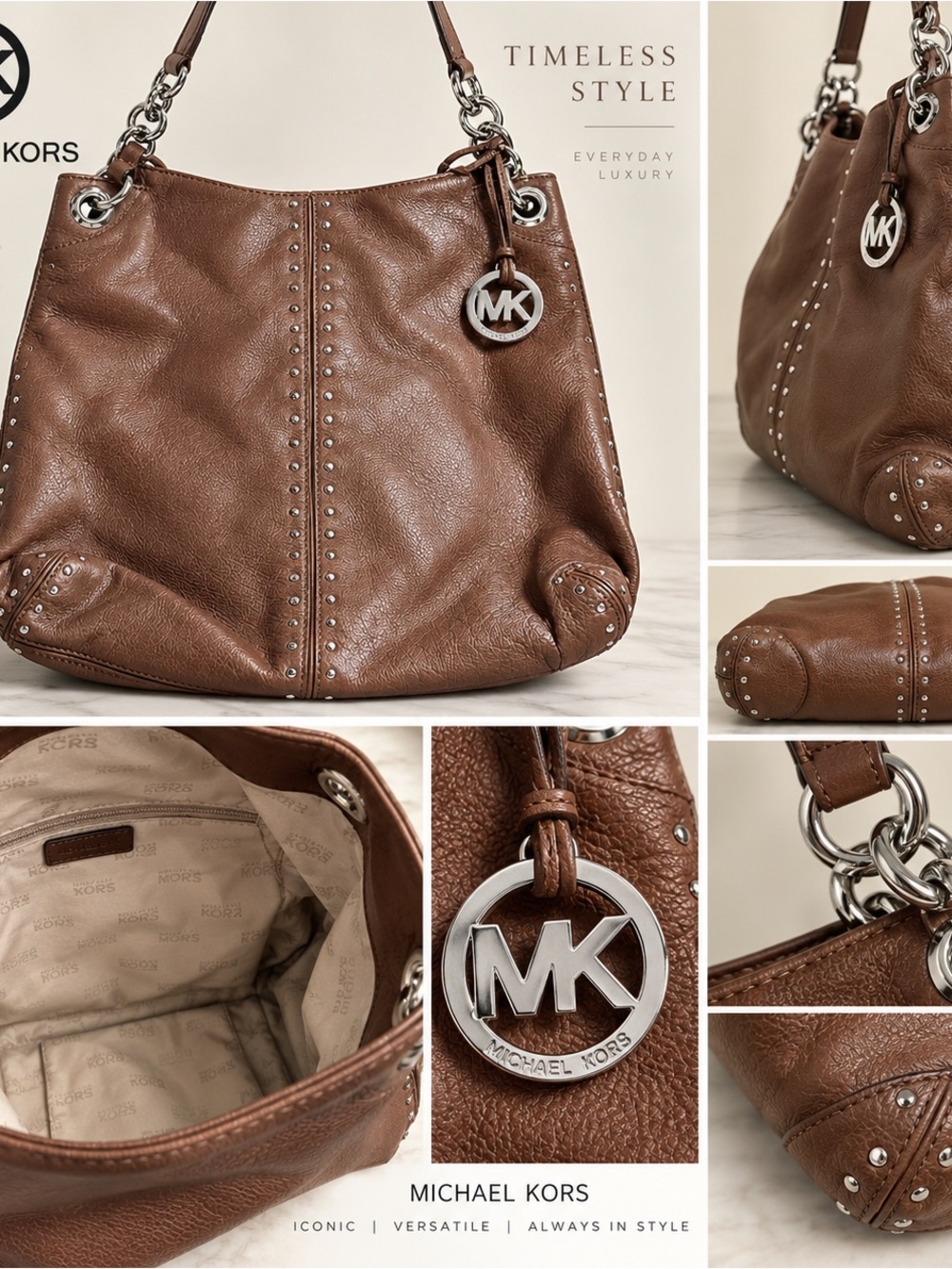 Michael Kors Chestnut Studded Pebbled Leather Shoulder Tote